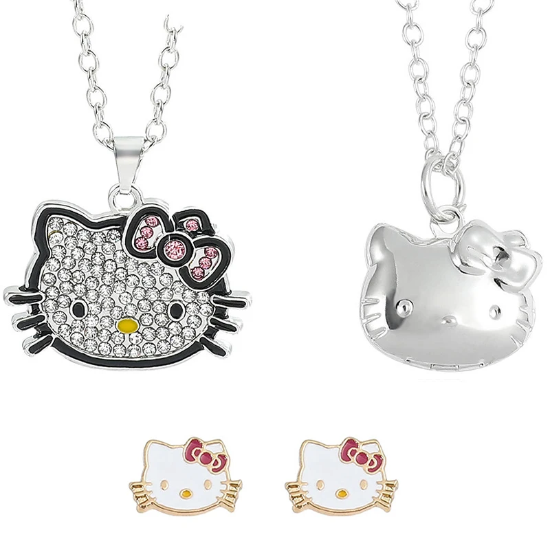 Fashion Kawaii Hello Kitty Sanrio Necklace Earrings For Women Girls Exquisite Cute Cartoon Clavicle Chain Earrings Jewelry Gifts