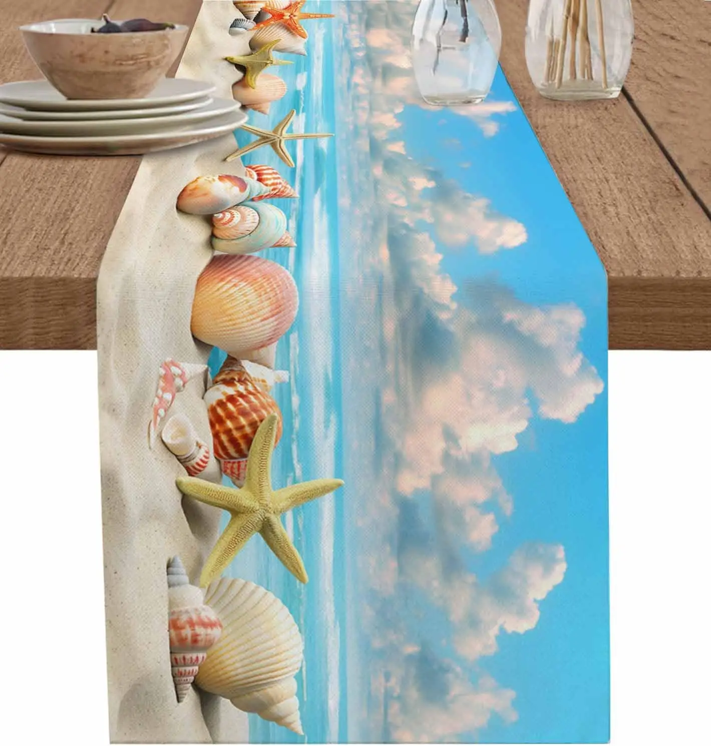 

Summer Beach Coastal Starfish Linen Table Runner Dresser Scarves Table Decor Farmhouse Kitchen Dining Table Runner Party Decor