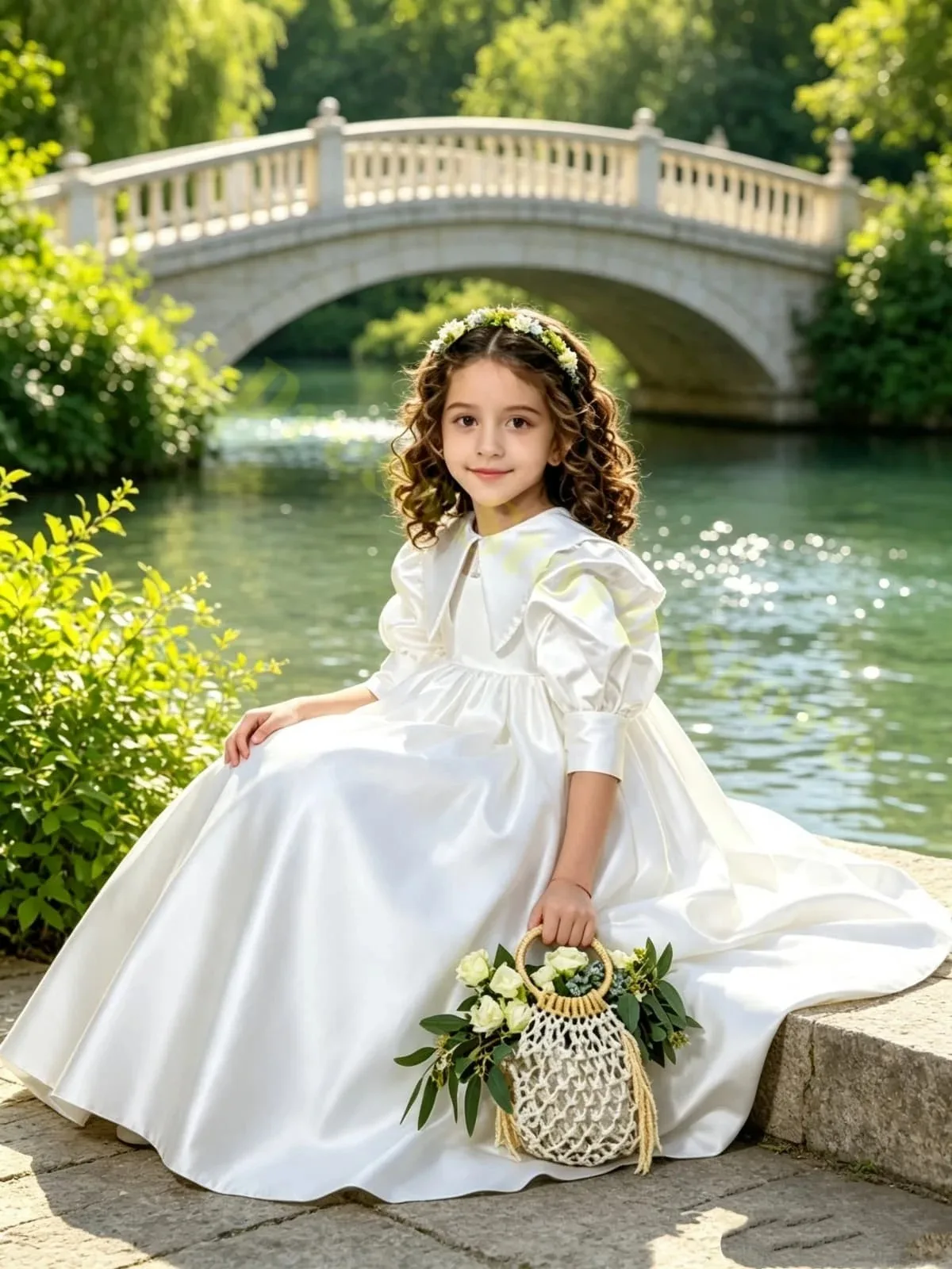 Maßgeschneidertes Großhandels-Blumenmädchenkleid für Hochzeiten, Satin-Schleife, halbe Ärmel, hohe Taille, bodenlang, Kinder-Geburtstags- und Kommunionkleid – Detail 2