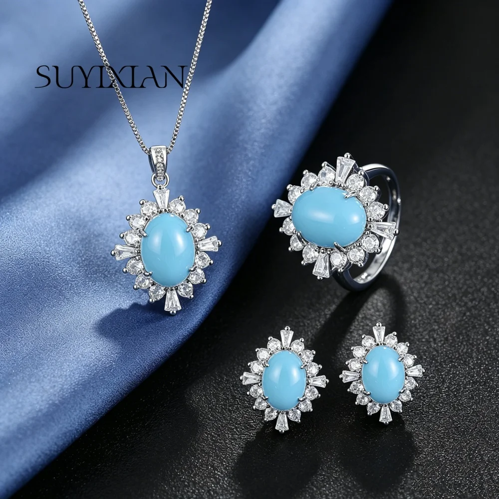 925 Sterling Silver Stylish Vintage Paraiba Pa Blue Zircon Pendant Ring Stud Earrings Set Birthday Party Anniversary Gift