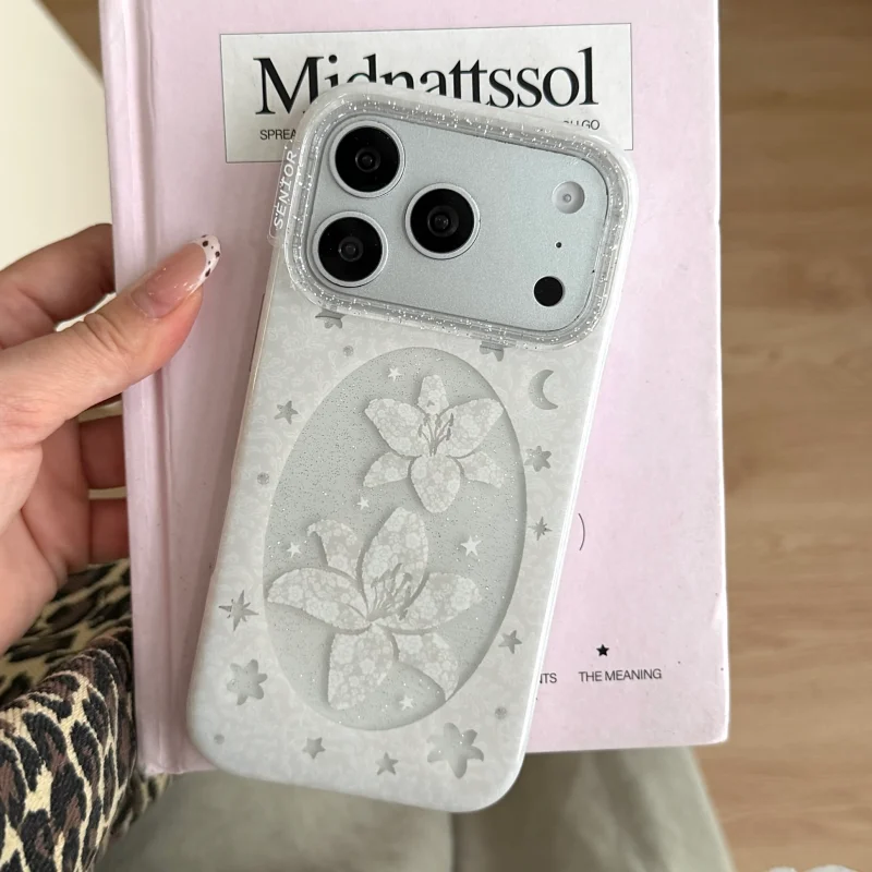 

Luxury White Lace lily Pattern Personalized Mobile Phone Case For iPhone 14 15 16 17 Pro Max 17pro Korean Cute Sparkling Cover﻿﻿