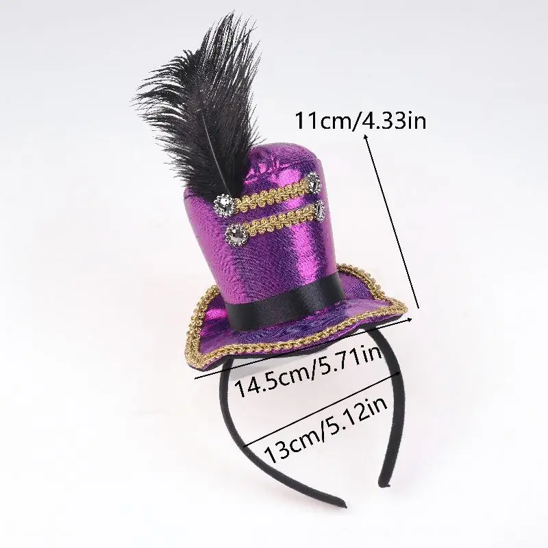 Cosplay haarhoepelaccessoire, mini-hoge hoed met veer voor circuscircusdirecteurkostuum, geschikt voor volwassenen en kinderen