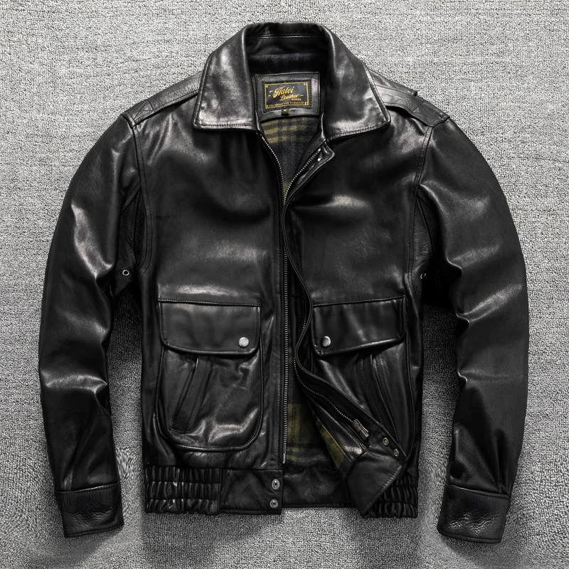 Black Autumn Pilot Leather Jacket Men Retro Style Europe Size Genuine Natural Cowhide Military Flight Leather Coat