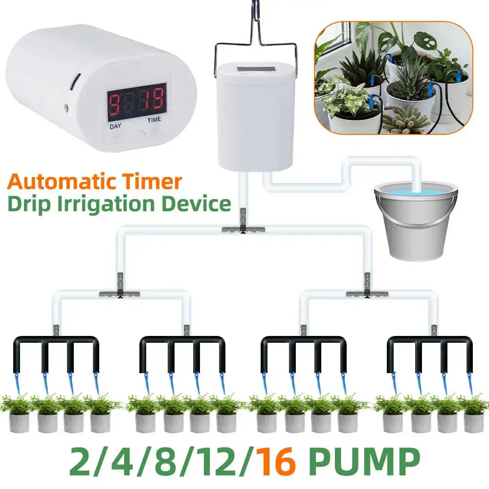 Automatic Plant Flower Watering Pump Home Sprinkler Drip Irrigation Device 2/4/8/16 Heads Pump Timer System Kit Garden Tool