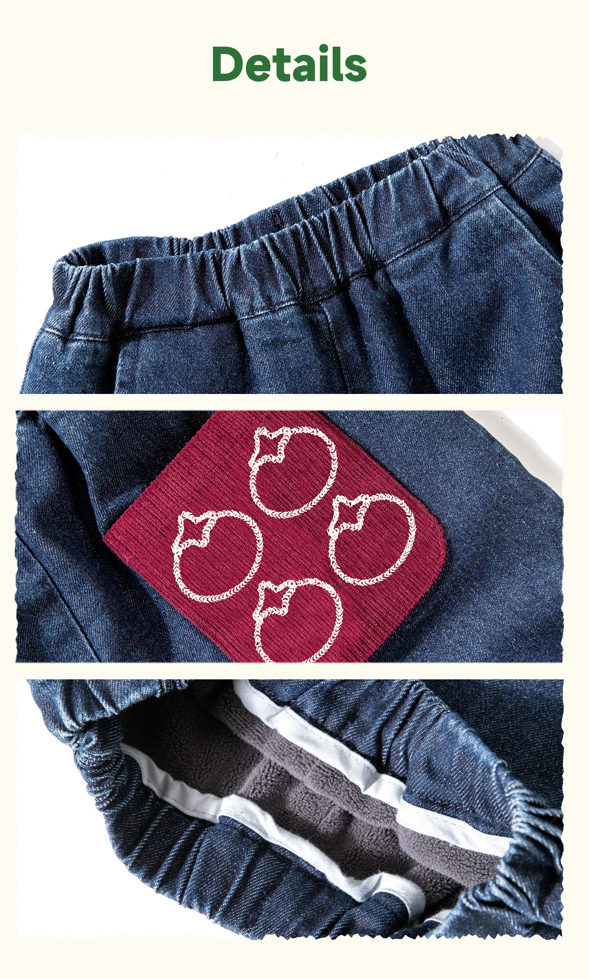 Amila 2026 Kinder Winter Denim-Plüsch-Freizeithose Rot Gestrickte Beine mit Bündchen Fruchtmuster Gesäßtasche Modisch und Niedlich – Detail 7