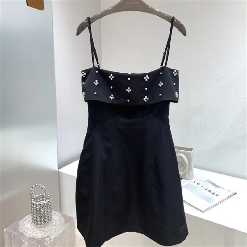 Beaded flower suspender dress fairy summer lady diamond-studded tube puffy black dress women