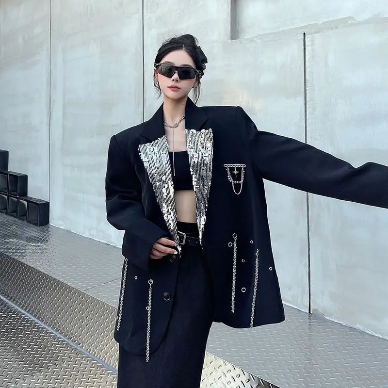 

Niche Metal Chain Heavy Industry Blazer Women's Spring And Autumn New Loose Silhouette Shoulder Pads Splicing Sequined Suit Tide