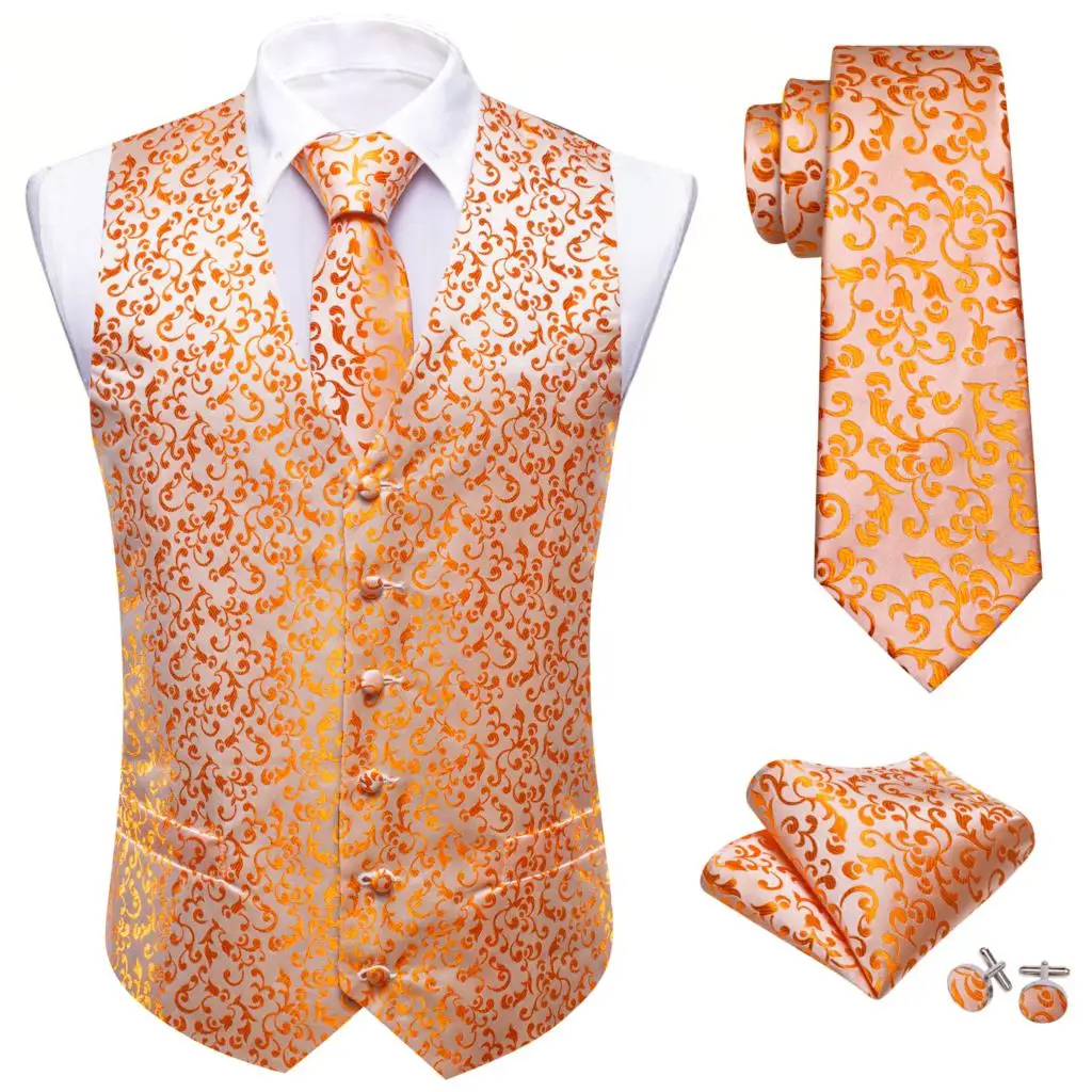 Luxury Gold Silver Orange Silk Vest for Men V Neck Waistcoat Tie Hanky Set Wedding Party Business Formal Suits Gift Barry Wang