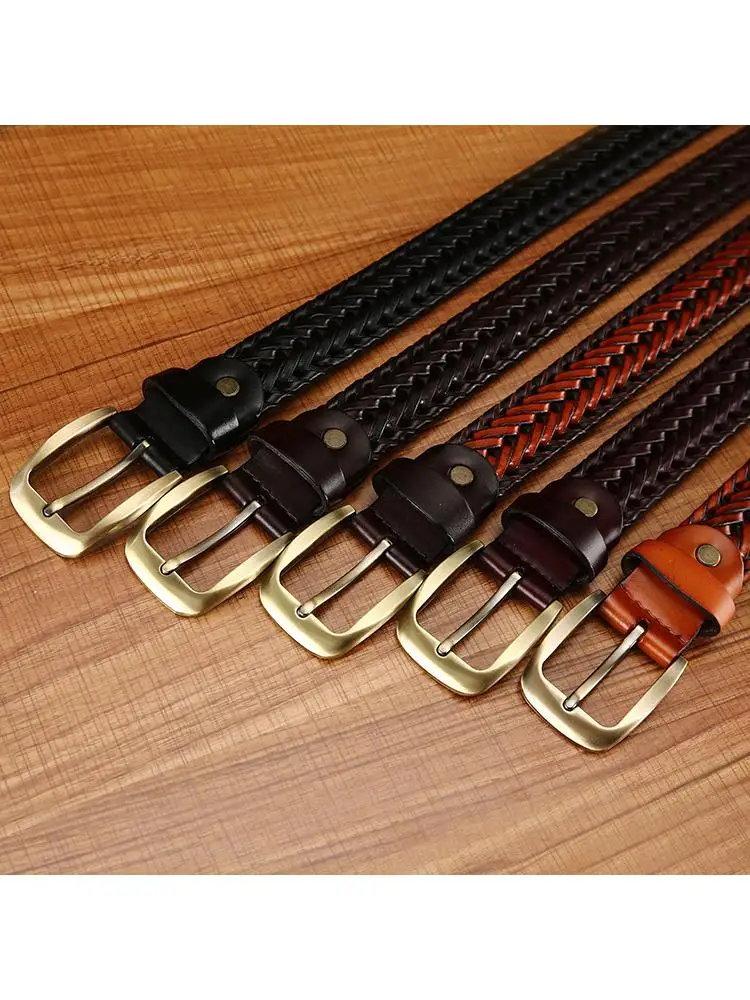 110--125cm Wholesale Price Men And Women Hand Woven Belt Casual Fashion Alloy Buckle Jeans Elements Golden Yellow Button