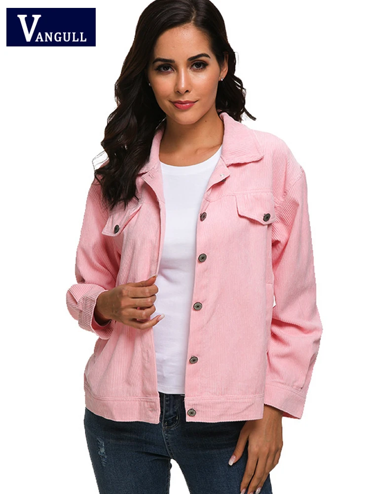 

Vangull Spring Pink Corduroy Jacket Women Long Sleeve Short Coat Female Design College Wind Loose Causal Solid Pockets Outwear