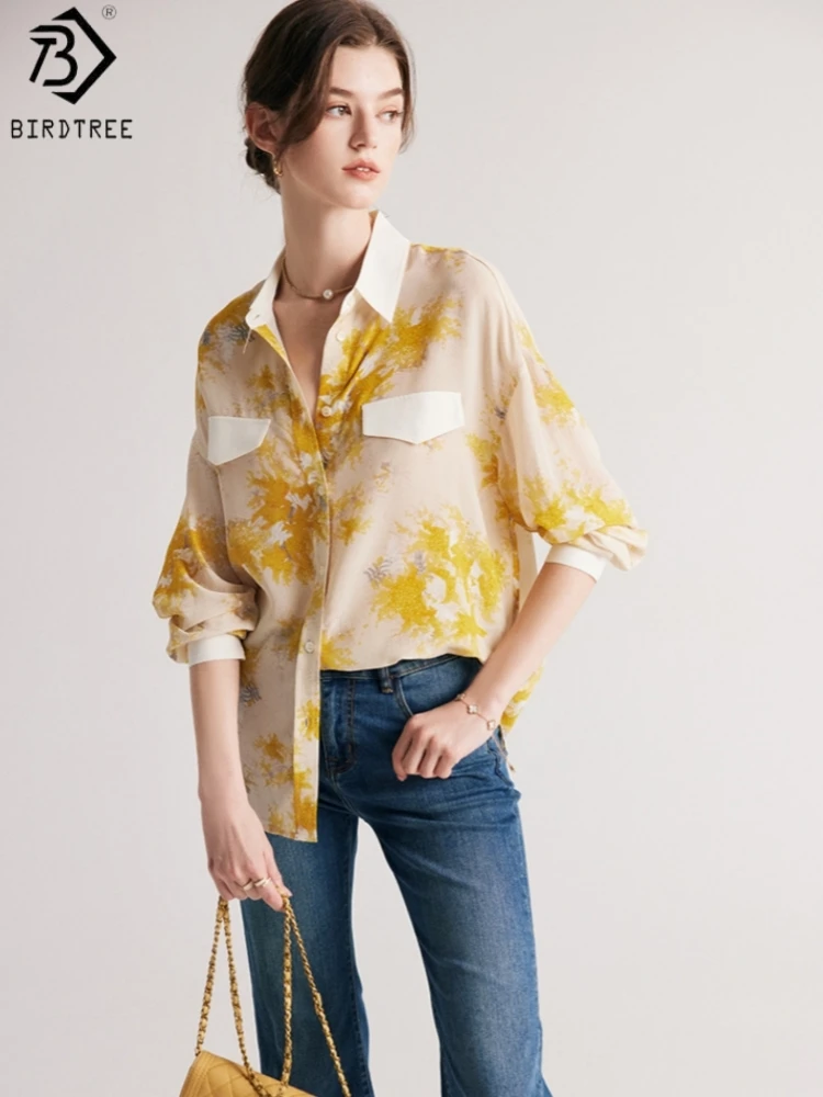 

Birdtree, 100% Real Silk Printed Blouse, Women's Double Crepe Shirt, Full Sleeve Tops, 2026 Spring Summer Loose Clothes T61831JF
