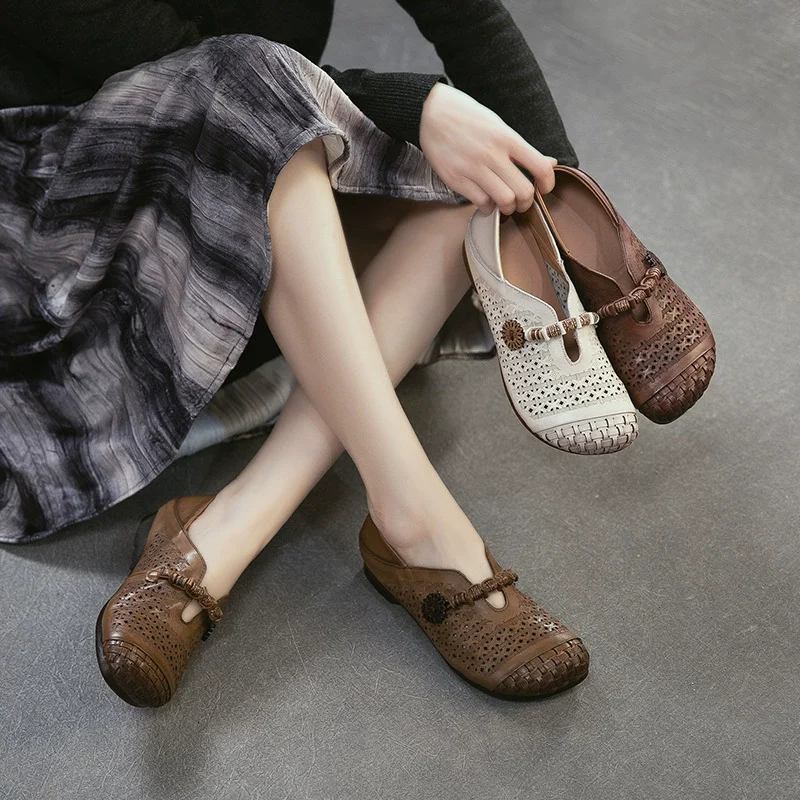 

GKTINOO 2026 Новые летние универсальные ретро-туфли без шнурков с вырезами из натуральной кожи, с круглым носком, удобные женские туфли