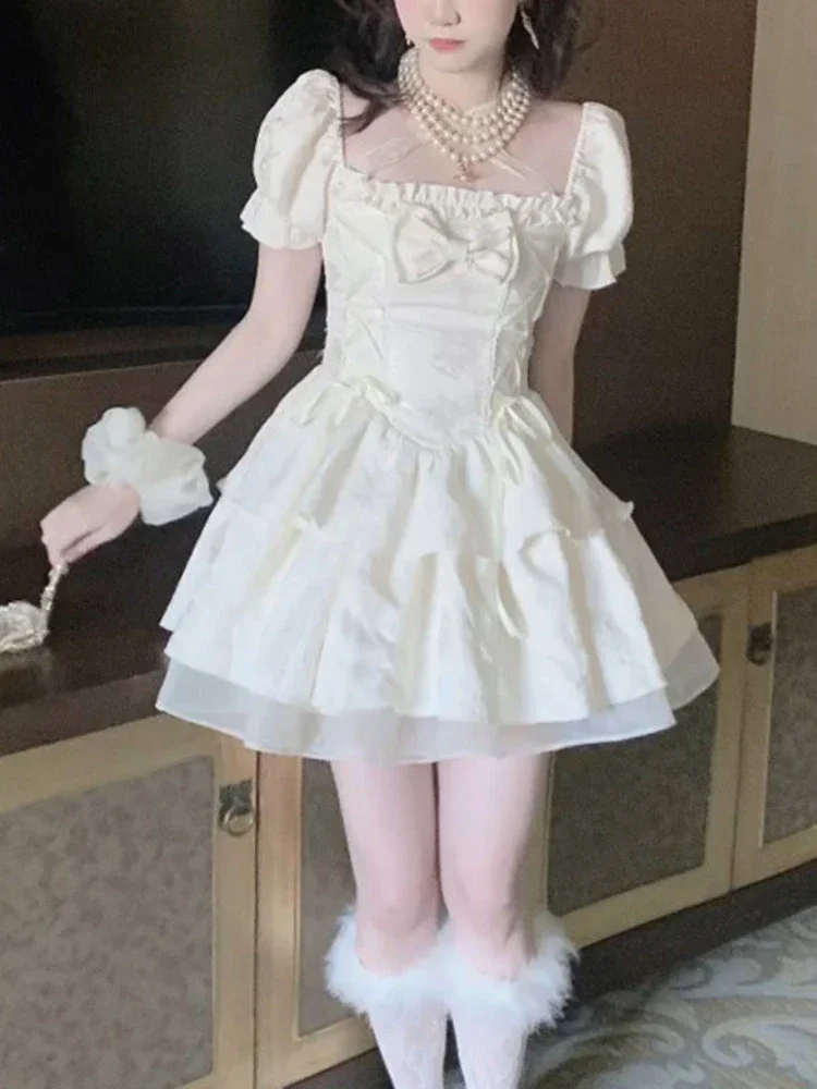 

Summer New French Sweet Fairy One Piece Dress College Style Square Neck Bow A-Line Short Dress Dress Women Elegant Party Clothes