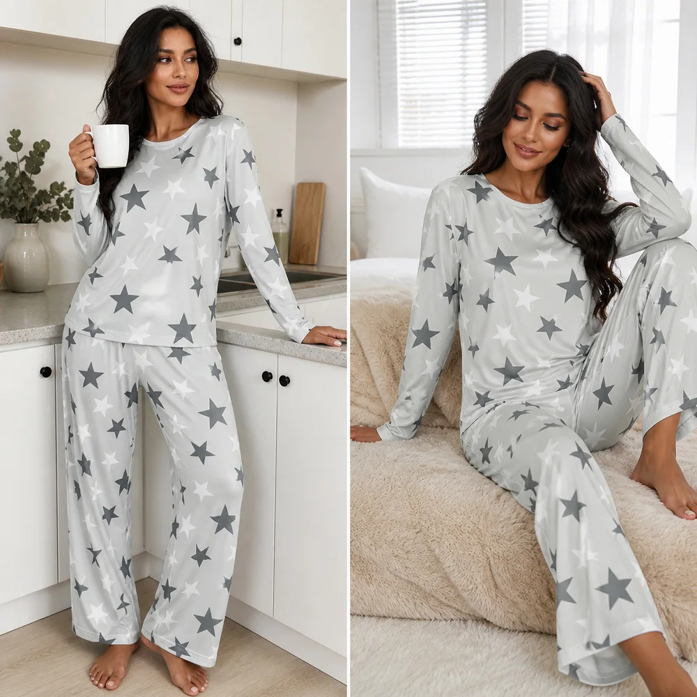 Women's Four-Season Spring and Summer Long-Sleeved Pajamas, Casual, Comfortable and Cute Star-Printed Long-Sleeved Pants Set for