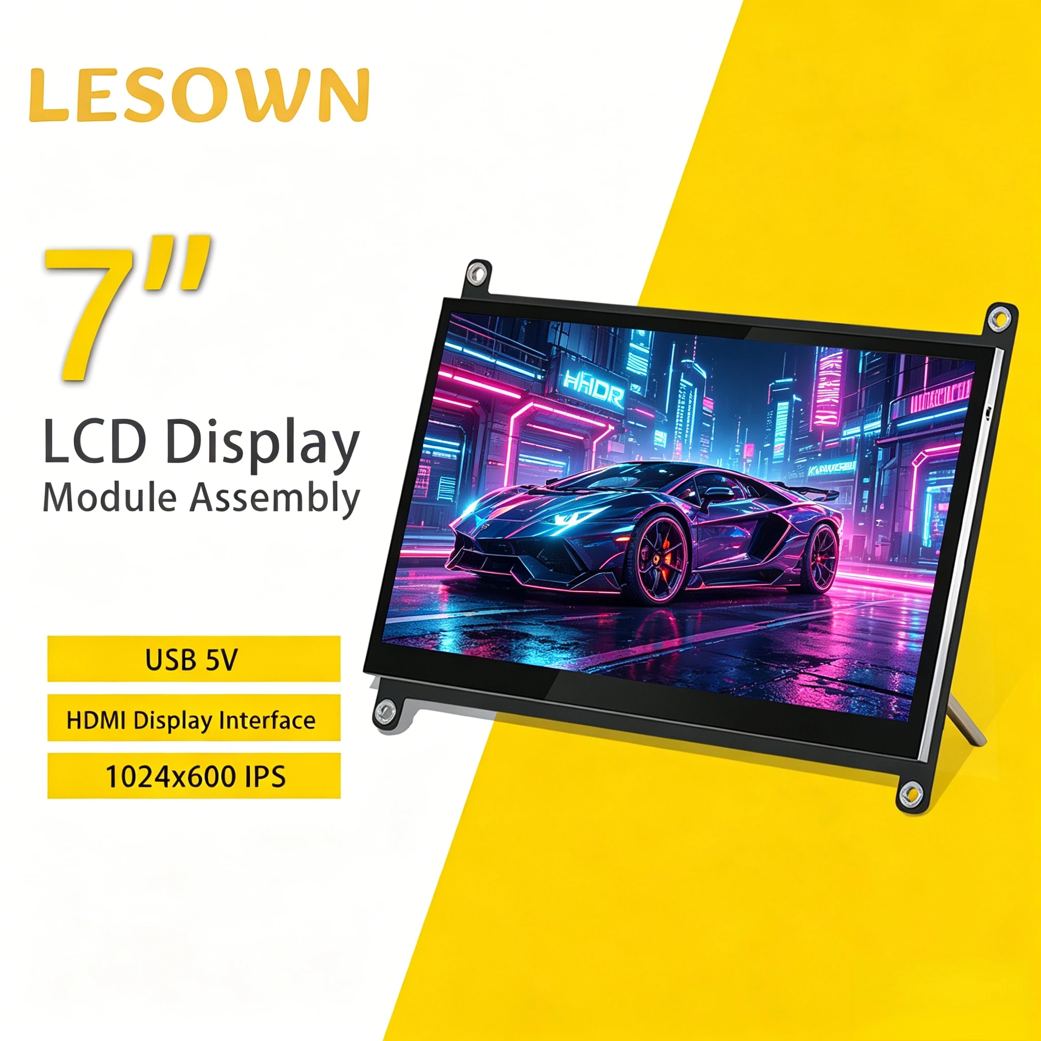 LESOWN 7inch Capacitive Touch Screen 1024x600 Portable Sub Monitor HDTV Interface Built-in Audio for Raspberry Pi 5 Board