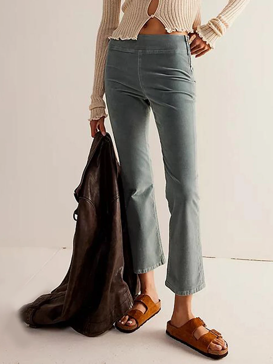 Calça flare elástica na cintura feminina, slim fit, monocromática, calça cortada, roupa diária casual, outono, inverno