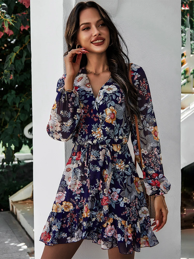 Msfilia Ladies Chic Print Dress Women Full Sleeve Lace Up High Waist Floral Spring Summer Chiffon Dress