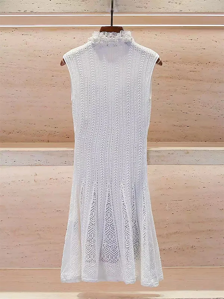 Lady 2026 Elegant Style Solid Wear With Slips Lining Ruffled Neck Sleeveless Hollow Out A-line Mini Knits Dress Women