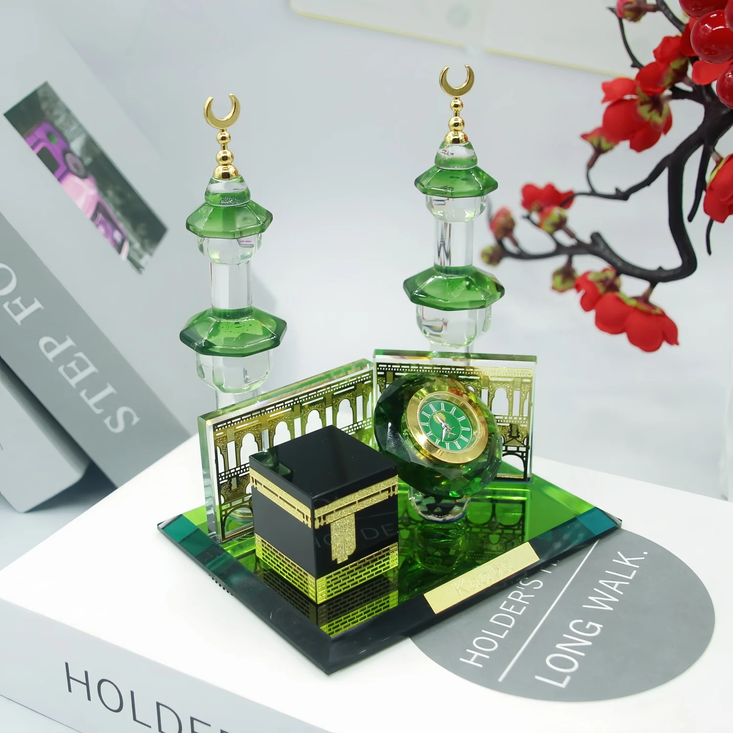 

Muslim Crystal kaaba Clock Tower Model Kits Showpiece Muslim Crystal Gilded Islamic Architecture Handicraft Home Vehicle Decor