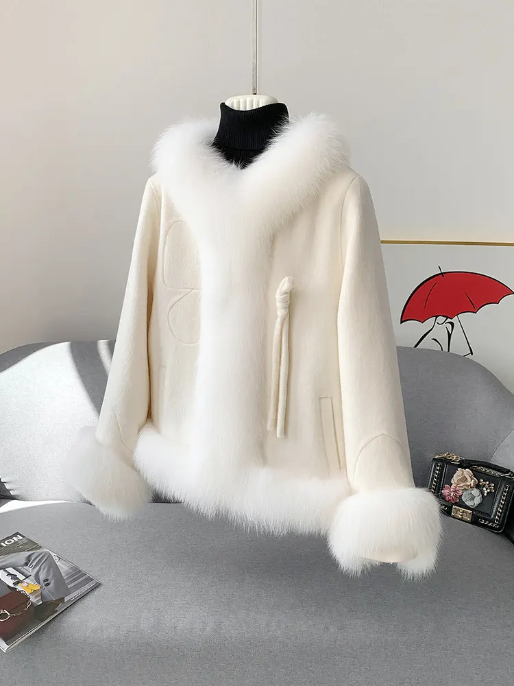 High-end fox fur collar double-sided cashmere woolen fur coat for women, short Korean-style goose down inner liner woolen overco