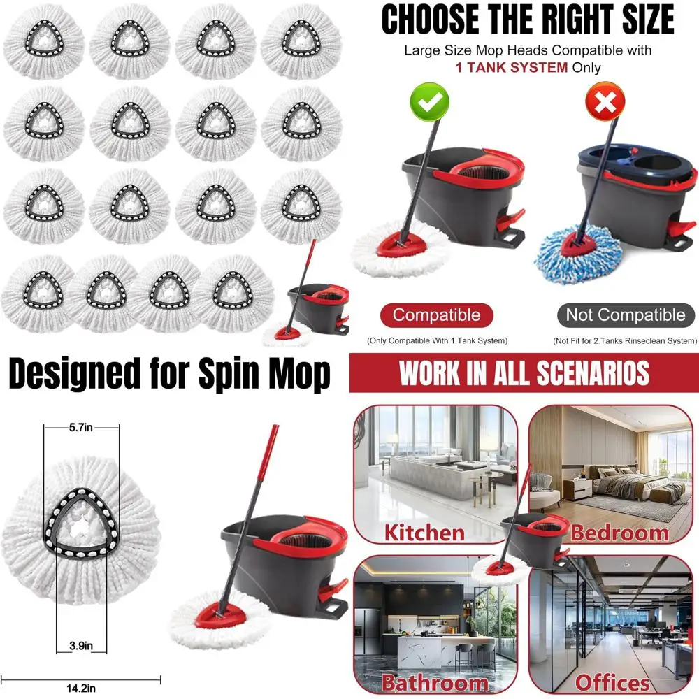 

Large 360° Spin Mop Replacement Heads, White, 16-Pack, 100% Microfiber, Easy Wring and Wash for Deep Cleaning Floors
