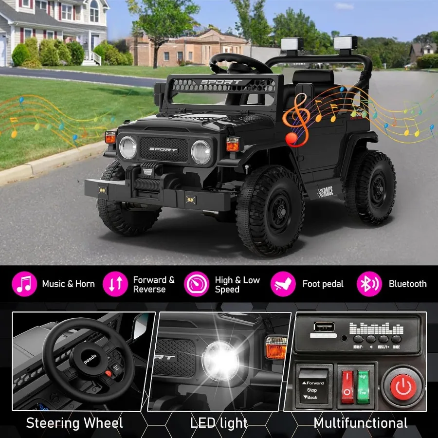 12v passeio de controle remoto em carros para meninos de 3 anos veículos elétricos jeep com suspensão de mola bluethooth música led 3 velocidades po