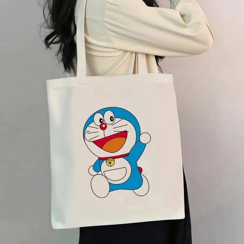 Bolsa de Ombro de Lona Feminina com Estampa de Anime Doraemon, Bolsa Reutilizável, Dobrável, Ecológica, Bolsa de Compras, Bolsa de Mão, Presente