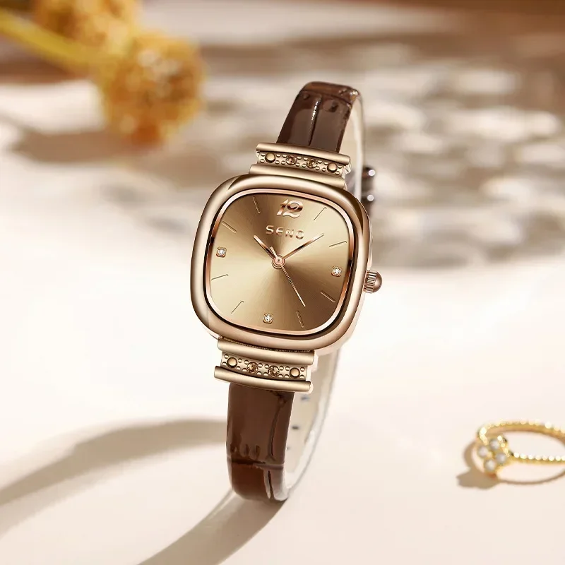 Women Fashion Waterproof Light Luxury Watch Gold Case Leather Quartz Watch Women Student Watch