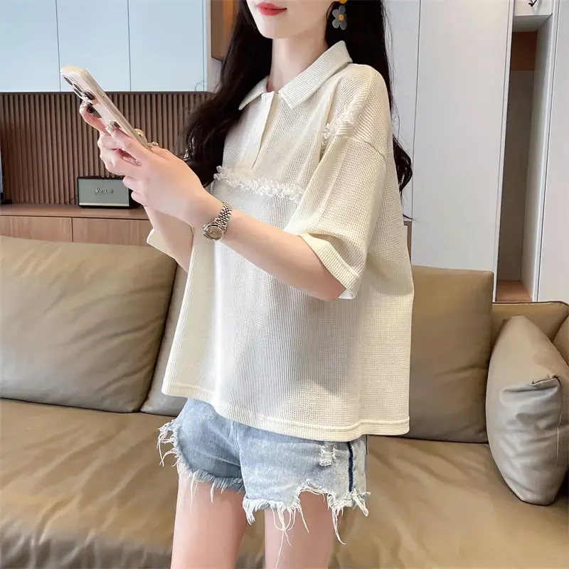 التلبيب زر تي شيرت الصيف الزي قصيرة الأكمام المرأة القمصان عالية الجودة ملابس كاجوال موضة عادي فضفاض كوع تي أنثى