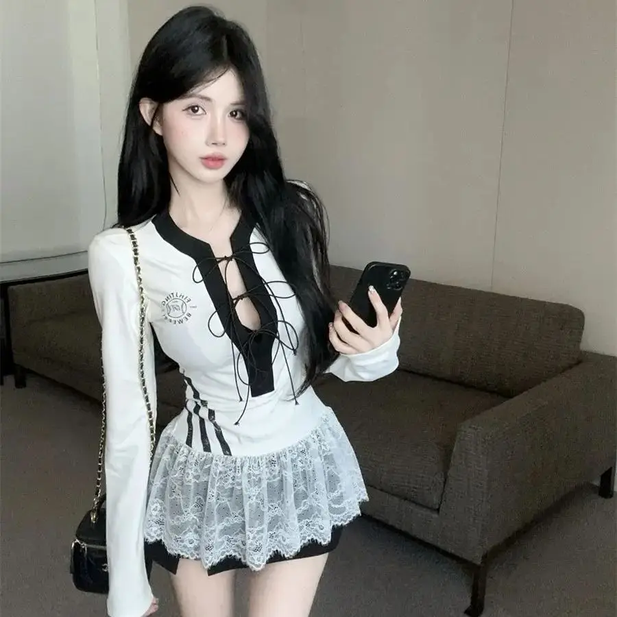 

Low-Cut V-Neck Long-Sleeved T-Shirt Pure Lust Hot Girls Autumn Winter New White High-End Lace Bottoming Shirt Top