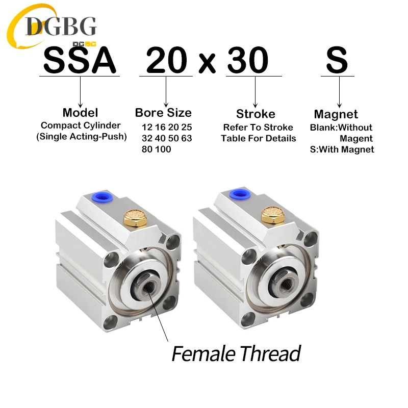 High Quality SSA20 25 32 40 50 63 Compact Single-Acting Pneumatic Air Cylinder 5/10/20/30/40/50/60/70/80/90/100mm Stroke