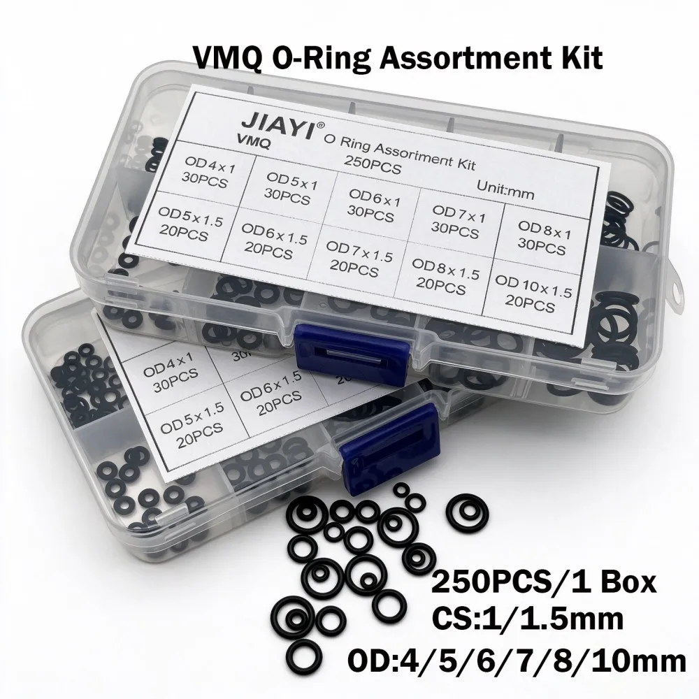 Black 250Pcs VMQ Silicone O Ring Kit Food Grade Gaskets OD 4mm-10mm Heat Resistant Waterproof Non-Toxic for Industrial & Home
