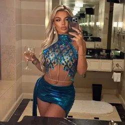 2024 Blue Sequins Short skirt Set Women Sexy Halter Backless Evening Party Birthday Dresses Celebrity Stage Costume