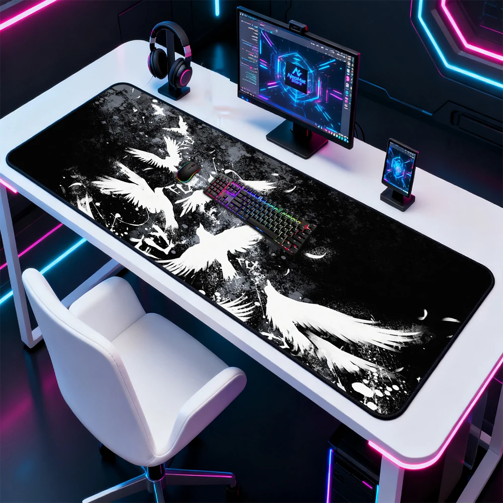 Gothic Desk Mat Mousepad 120x60 Black White Grunge 140x60 Gaming Feather Bird Abstract XXXL Very Large Mouse Pads