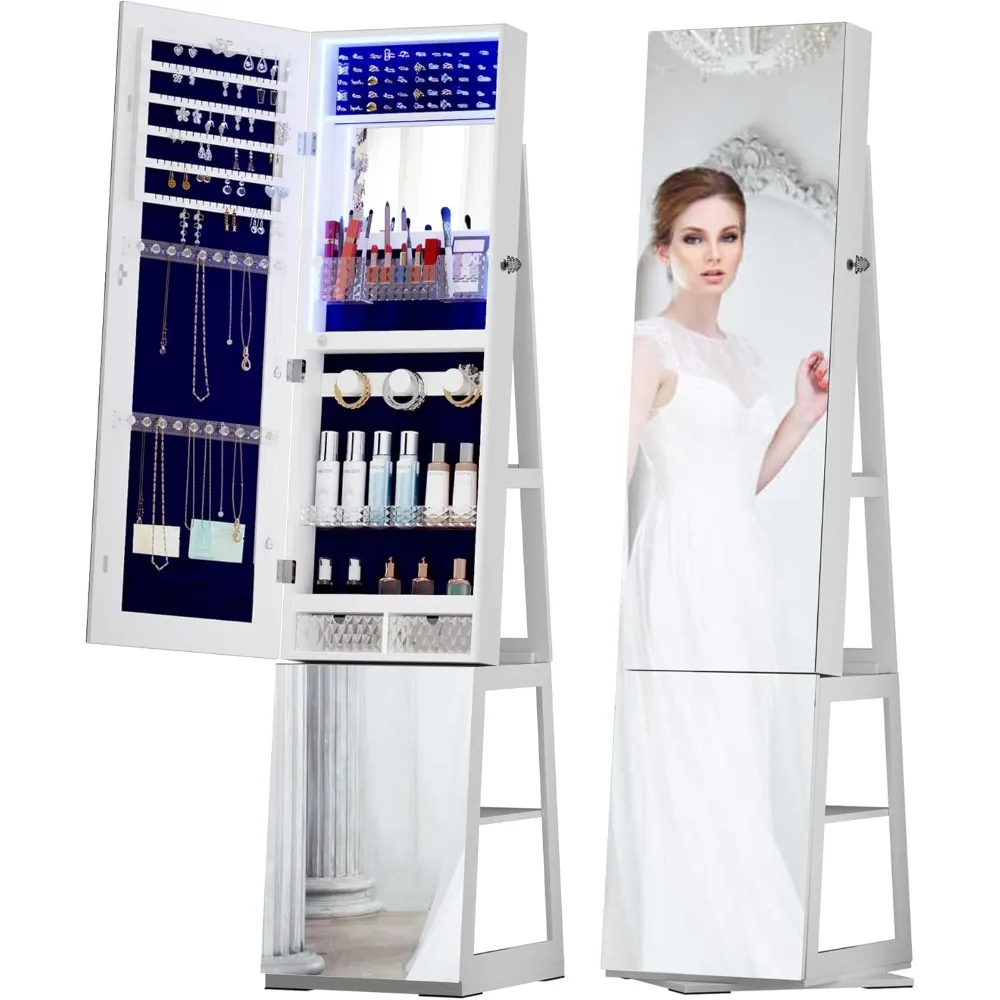 360° Swivel Jewelry Cabinet with Mirror Full-Length,Jewelry Armoire with Mirror & Lights & 4-Tier Shelves, White