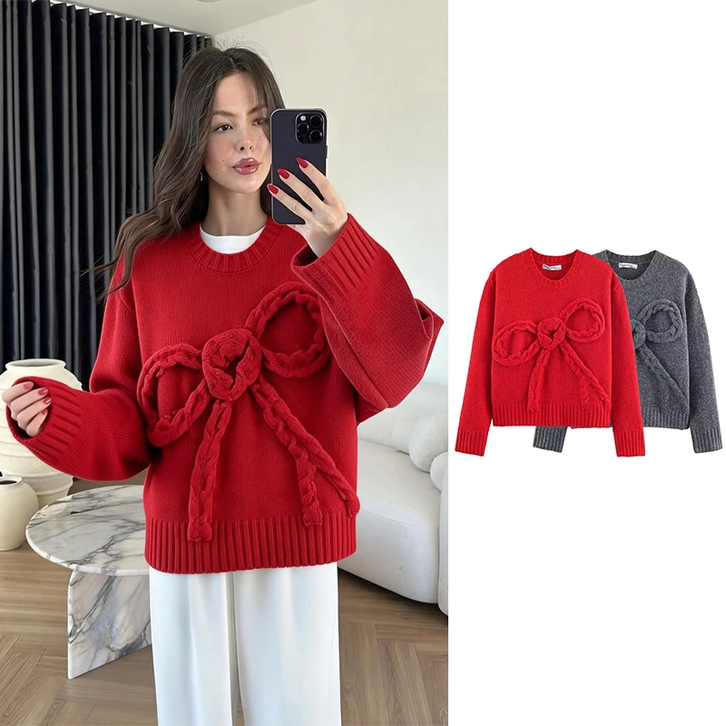 

Women Fashion Solid Color Knitted Sweaters 2026 Vintage Long Sleeve Female Pullovers Elegant Chic Bow Knitwear Pullover