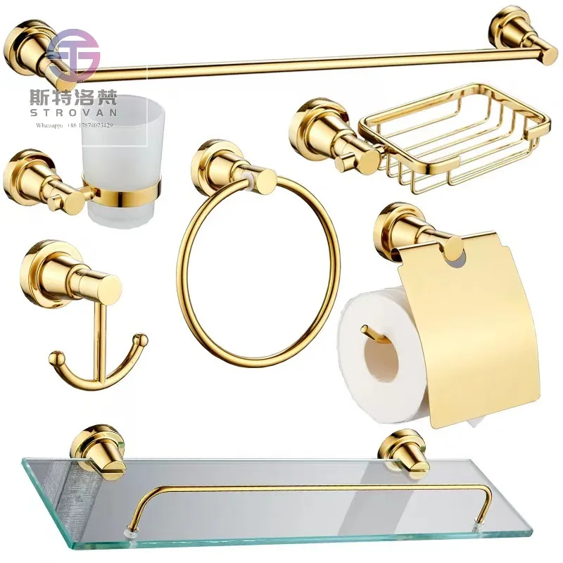 

Luxury Modern Gold Wall-Mounted Bathroom Accessories Set Hotel Corner Shower Washroom Hardware