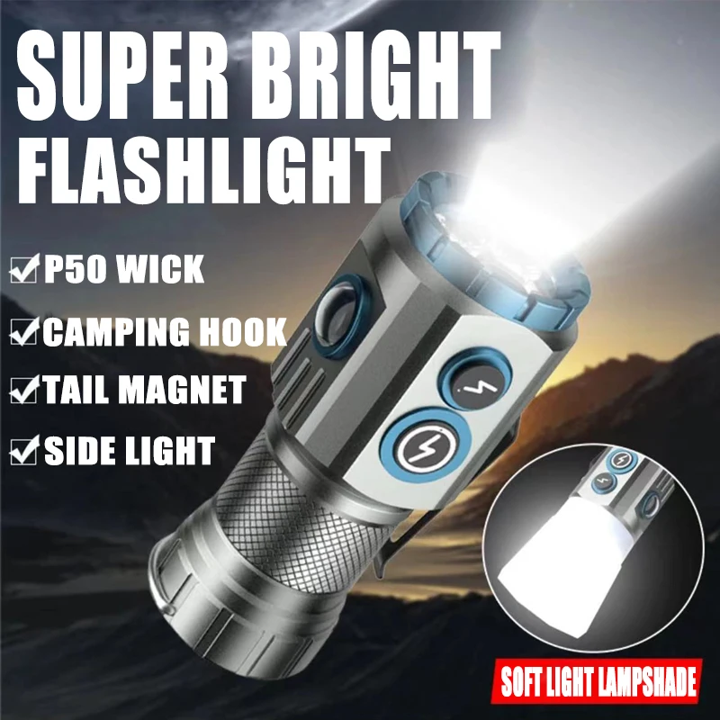 LED Ultra Bright Flashlight Rechargeable Mini Portable Multi-functional Outdoor Camping Light Magnetic Suction Tent Lantern