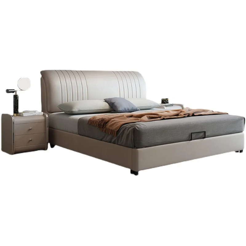 Wohnmöbel Schlafzimmer Einfaches Design Lederbett Maßgefertigtes Komfortables Blaues Queen-Size Modernes Massivholz Erwachsenenbett zum Verkauf