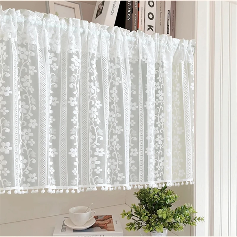 Simple and Easy to Install White Pleated Lace Floral Stripe Tassel Decoration Blackout Tulle Short Curtain for doors,windows