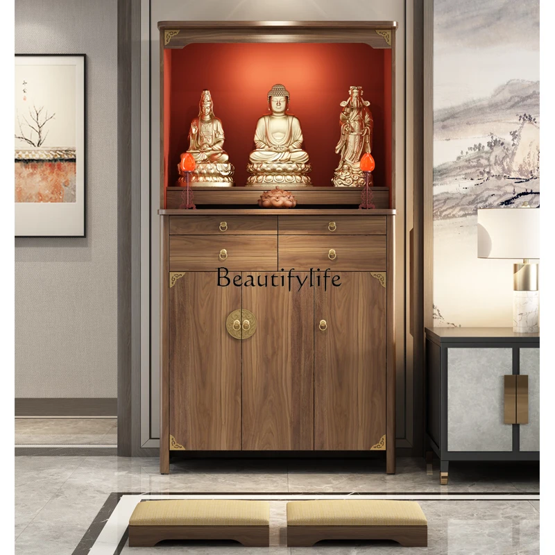 

ls 04Buddhist shrine vertical cabinet household God of Wealth offering table with door Bodhisattva new Chinese solid wood shrine