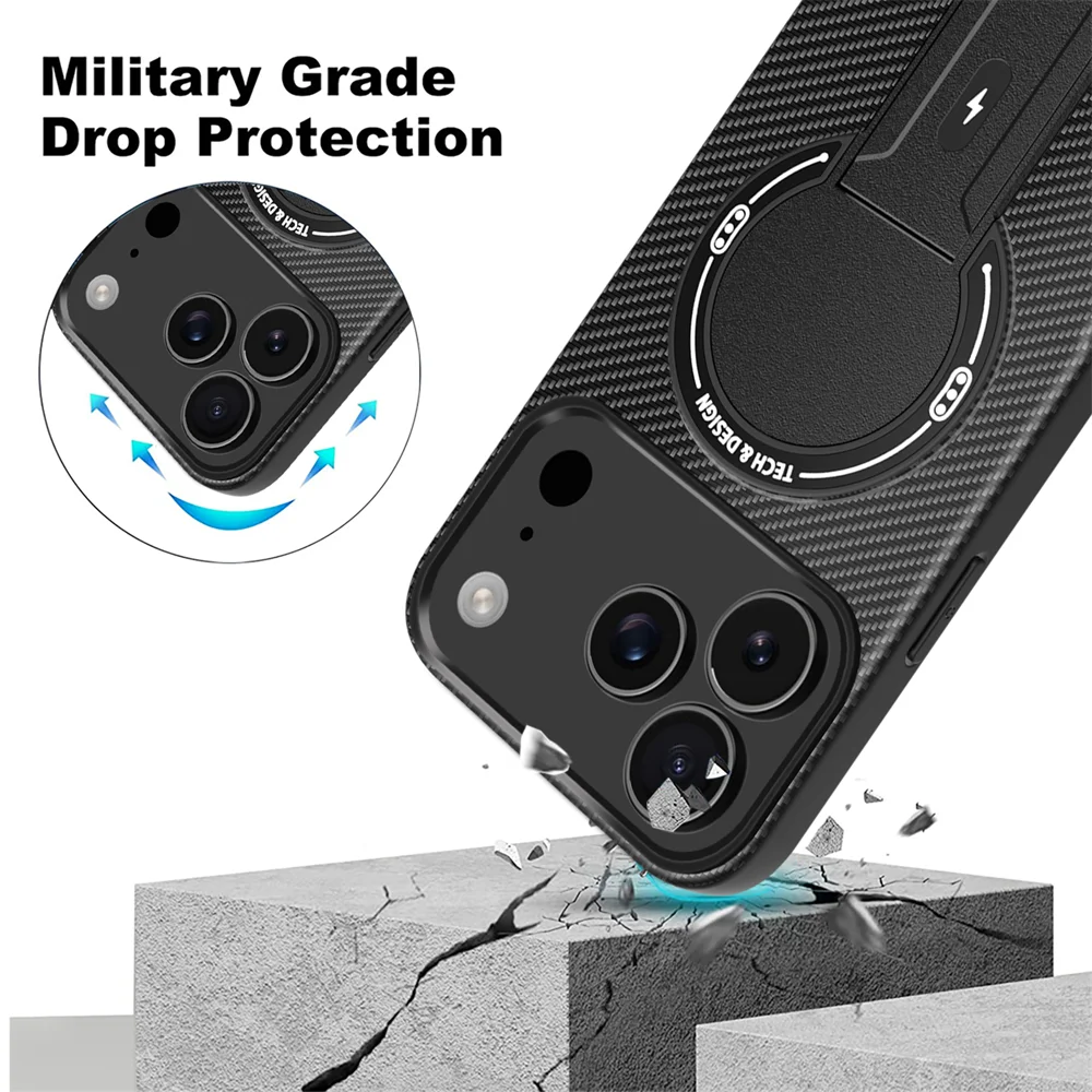BtLuxury ألياف الكربون نمط أضعاف حامل جراب هاتف مغناطيسي آيفون 16 17 برو ماكس الهواء 16e 15 14 زائد 13 12 11 غطاء عسكري