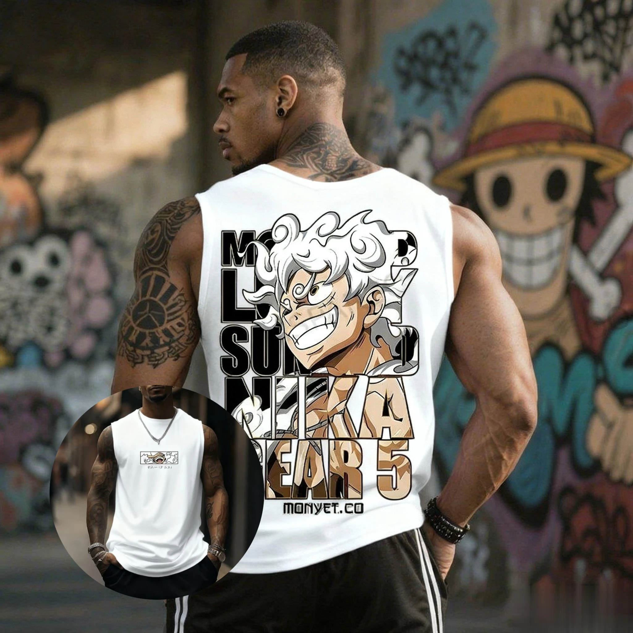 

Цельная майка без рукавов для фитнеса, мужская уличная одежда в стиле аниме Luffy Gear 5, летняя повседневная спортивная майка для тренировок, бодибилдинга, рубашка с мышцами