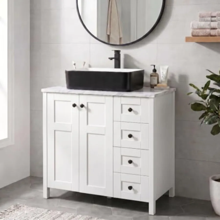 White Bathroom Vanity with Engineered Wood Marble Texture Top and 4 Drawers, Traditional Standing Pedestal Cabinet for Modern B