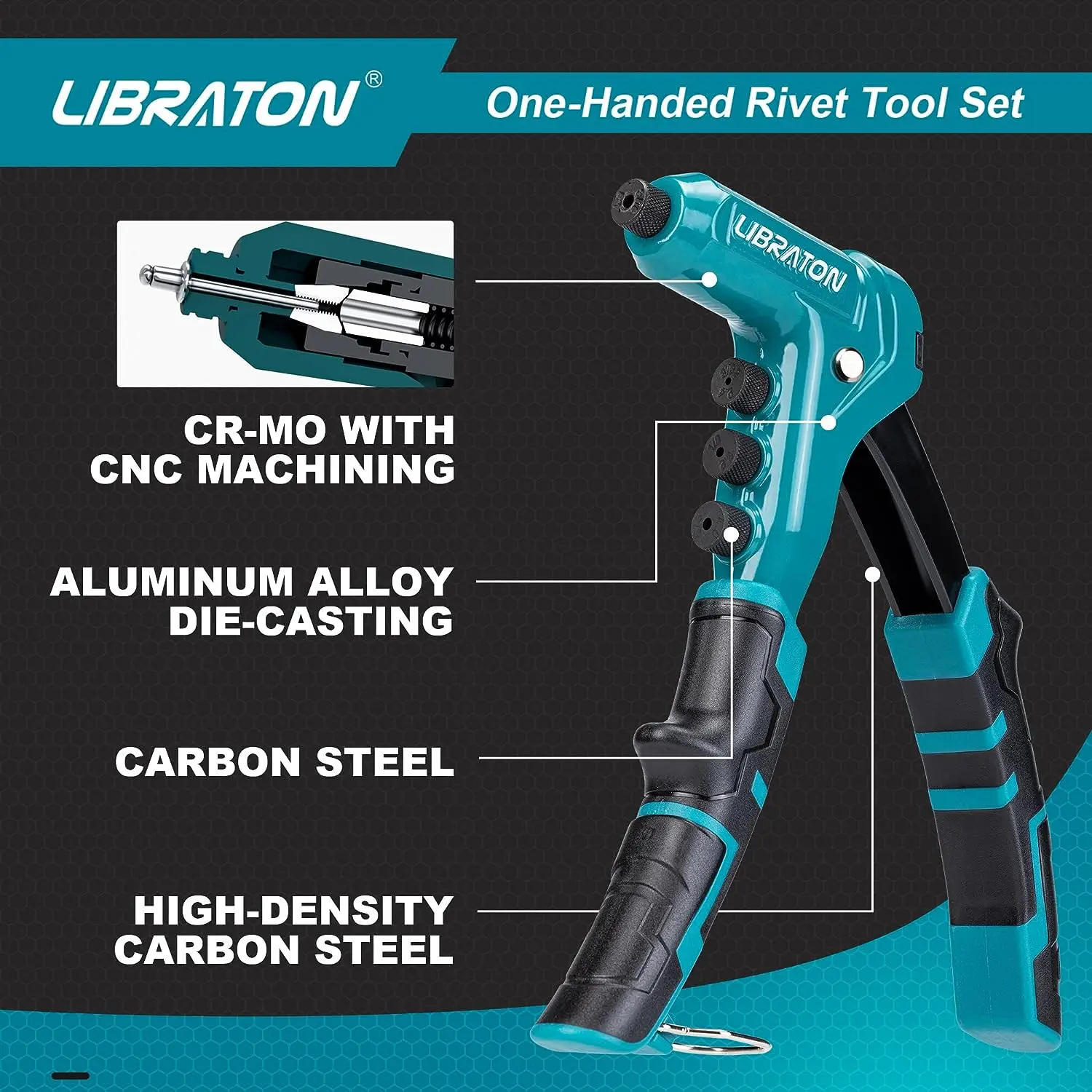 Libraton Rivet Gun Kit for Metalworking, One-Handed Professional Hand Riveter, Manual Riveting Tool with 200 Rivets for Metal