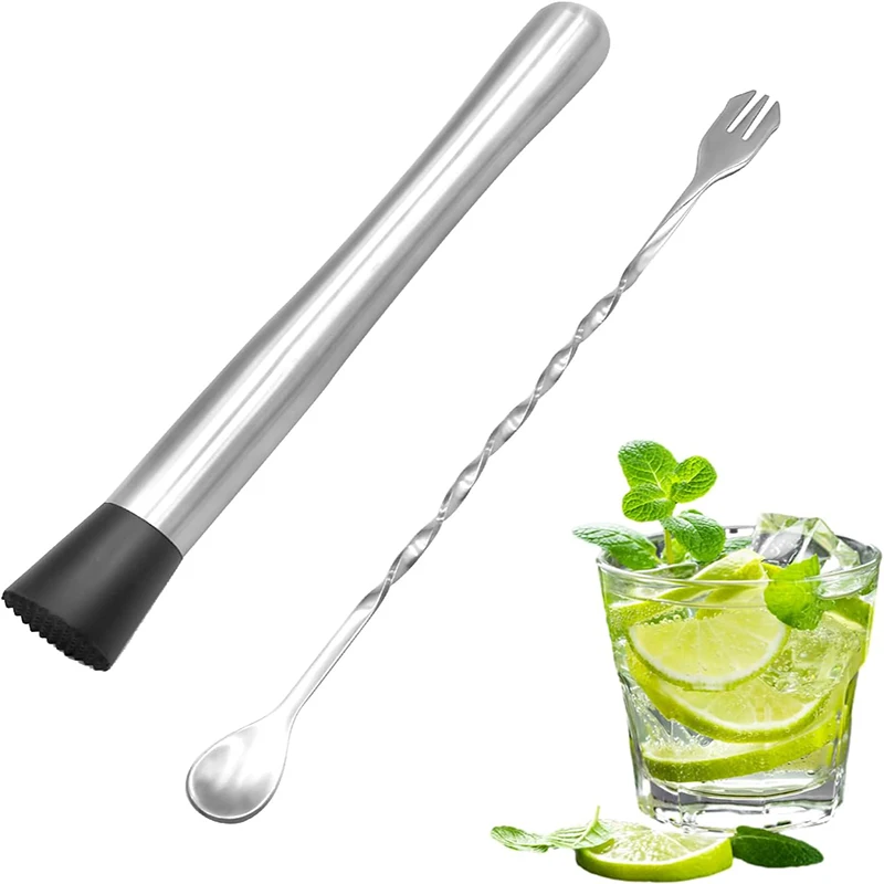 8/10 Zoll Cocktail Stößel und Rührlöffel Edelstahl Eis Zerkleinerungshammer Cocktail Saft Stößel Bar Cocktail Rührlöffel