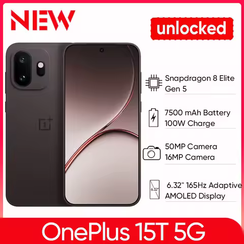 Unlocked OnePlus 15T 5G Smartphone Snapdragon 8 Elite Gen 5 6.32'' 165Hz High Refresh Rate Screen 7500mAh Battery 100W Wired NFC