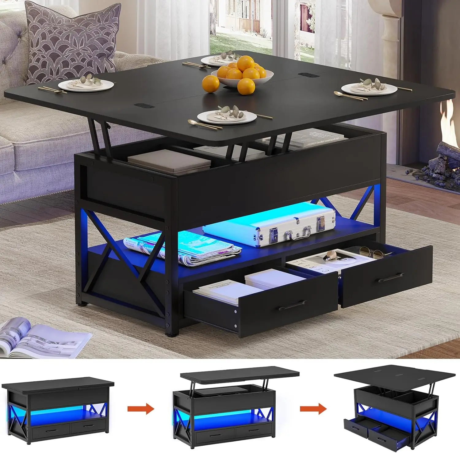 

40" Lift Top Coffee Table, 4 in 1 Tables with Storage for Living Room, Small Farmhouse Coffee Table with 2 Drawers & LED Light