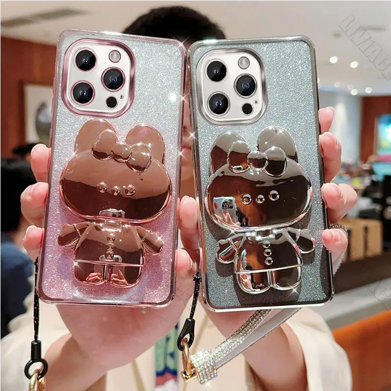 Diamond Strap Glitter Mirror Rabbit Holder Case For iPhone 15 14 13 12 11 Xs Pro Max Mini X XR Apple 6 6s 7 8 Plus Stand Cover