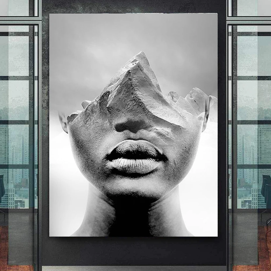 

Abstract Black and White Canvas Painting Mountain and Woman Vintage Print Metal Signs Surrealism Poster Living Room Home Decor